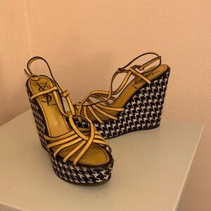 Yves Saint Laurent Yellow Strappy Houndstooth Wedge Sandals
